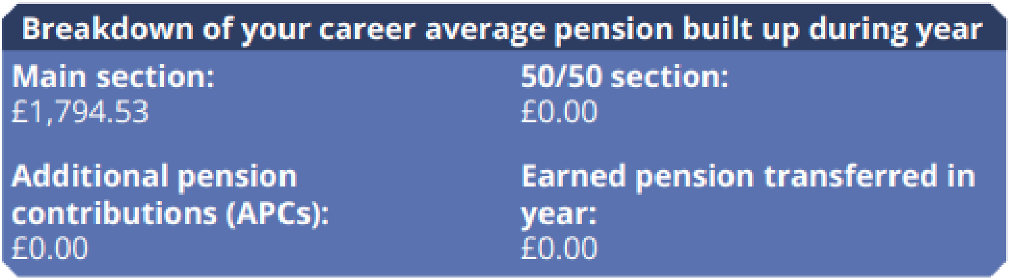 Breakdown of your career average pension built up during the year, showing main section, 50/50 section, APCs and earned pension transferred in year.