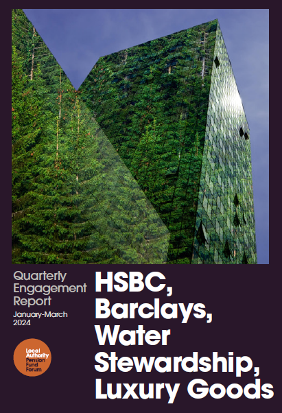 Cover of the quarterly report for Jan-Mar 2024 with an image of buildings that have had forests photoshopped onto the glass with a blue sky behind them.