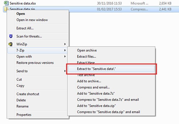 -Screenshot of the ‘sensitive data’ files with instructions on how to convert to ‘7-zip’ using  a red box