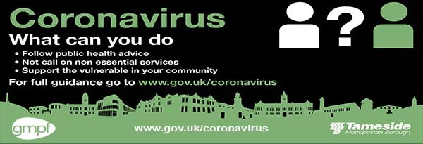 White text on a black background. Footer at the bottom is a silhouette of a skyline in green. Header Coronavirus. What can you do? Text reads follow public health advice. Not call on non essential services. Support the vulnerable in your community. For full guidance go to www.gov.uk/coronavirus.